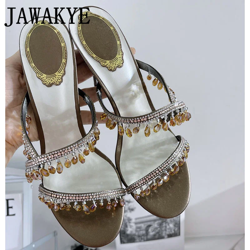 2022 Luxury Brand Crystal Slippers High Heels Narrow Band Slingback Shiny Bling Banquet Shoes Summer Beaded Open Toe Mules