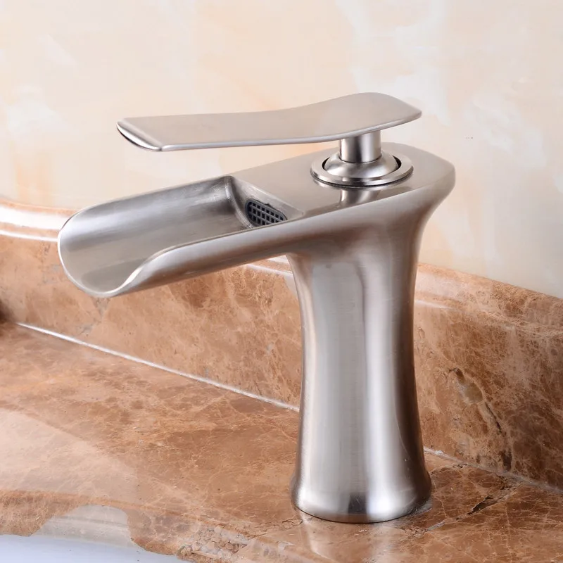 Nickel Bathroom Basin Faucet,Chrome Brass Sink Mixer,Hot & Cold Tap,Single Handle,Deck Mount,Lavatory Crane,Waterfall Type,White