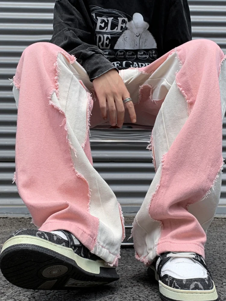 

Pink Spliced Men's Denim Jeans High Street American Hiphop Large Size Frayed Wide Leg Long Pants Autumn New Style Casual Wear