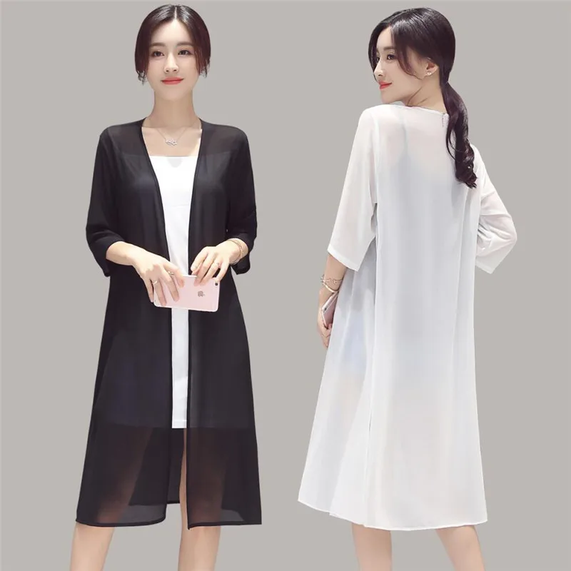 2024 Spring Summer New Solid Color Chiffon Long Shirts Cardigan V-neck Fashion Elegant Casual Shirt Vestidos Black White Red