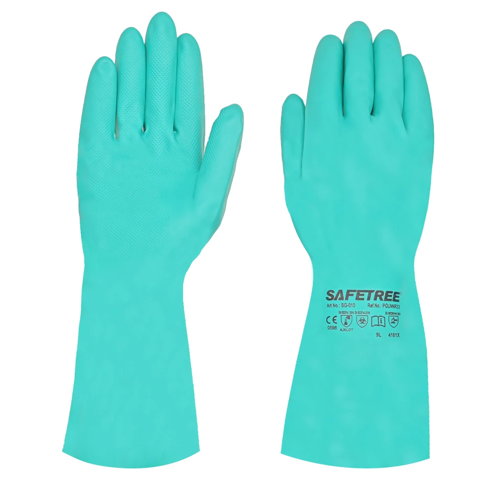 SAFETREE 15mil 33cm Green Nitrile Chemical Resistant Gloves Latex-Free Heavy Duty Oil&Acidproof MICROORGANISMS Safe Glove