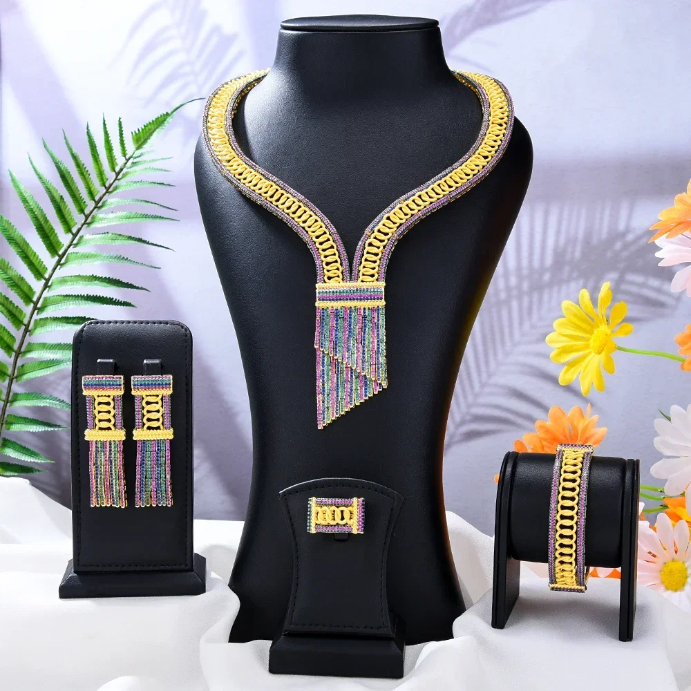 

Jimbora New Original Fashion Luxury 4PCS Jewelry Sets Dubai Style Big Necklace Bangle Earrings Ring Jewelry Set Charm Female