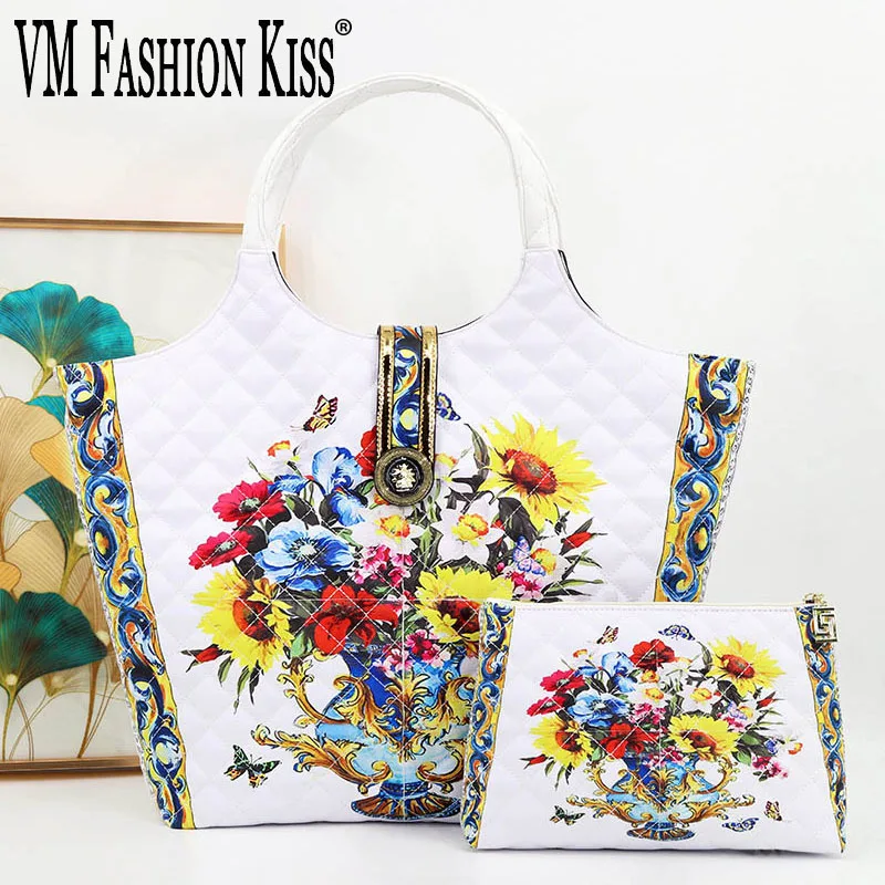 Women Large Capacity Tote Bag Clutch Set European And American Classic Printed Shoulder Bag Shopping Bags Portable Fold Package