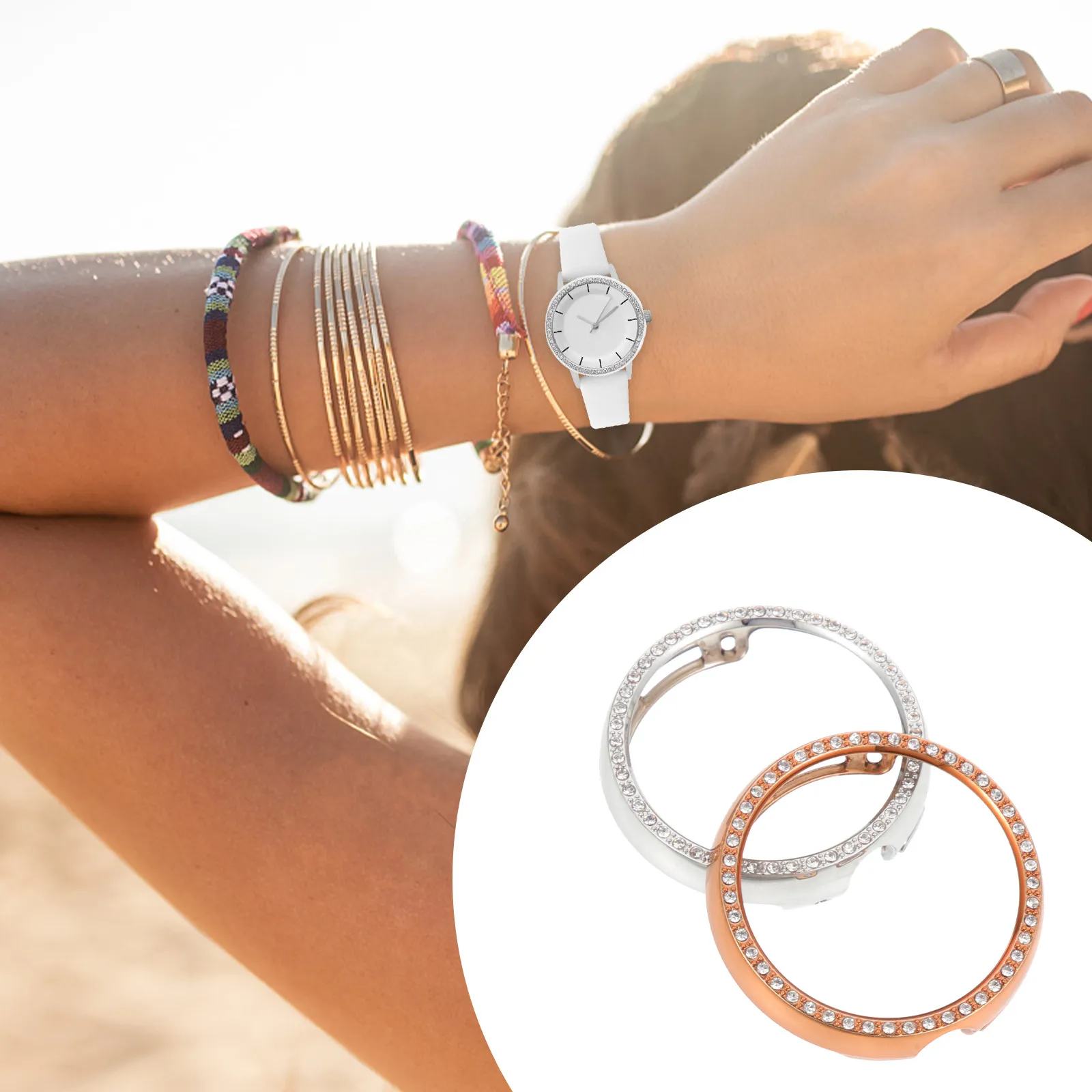 2 piezas de elegantes fundas protectoras para reloj con adornos de diamantes de imitación, carcasa hueca reutilizable para reloj inteligente, prevención de colisiones en el borde, uso diario