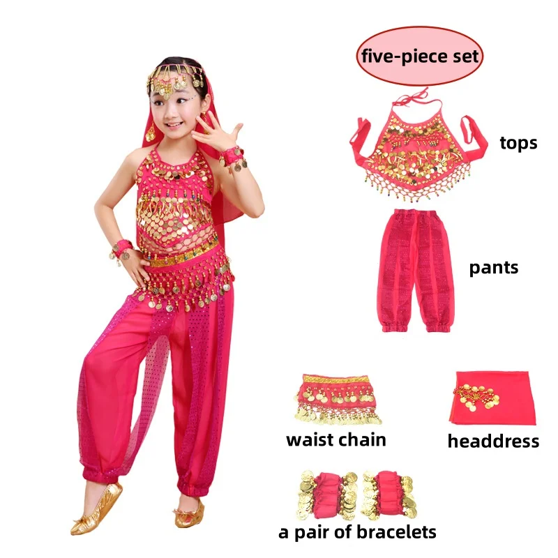 Children's Performance Costumes Belly Dance Stage Accessories Tianzhu girls Indian Dance Five-piece Set Waist Chain Coin Sequins