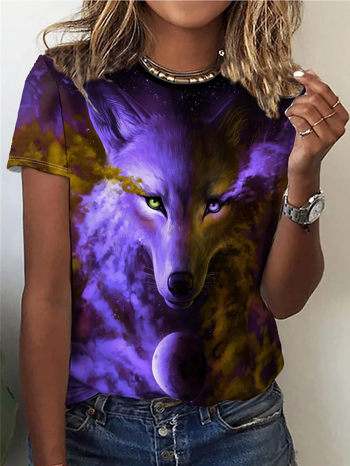 Purple Fox Print Crew Neck T-Shirt Casual Short Sleeve Top For Spring & Summer Women's Clothing