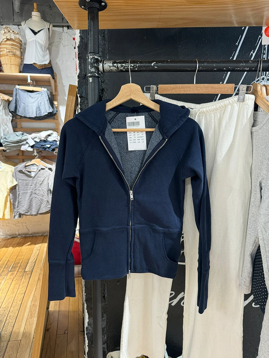 

Ribbed Hem Navy Slim Hoodies Sweatshirt Women Long Sleeve Pocket Short Zip-up Sweatshirt Autumn New Vintage Chic Sport Outerwear