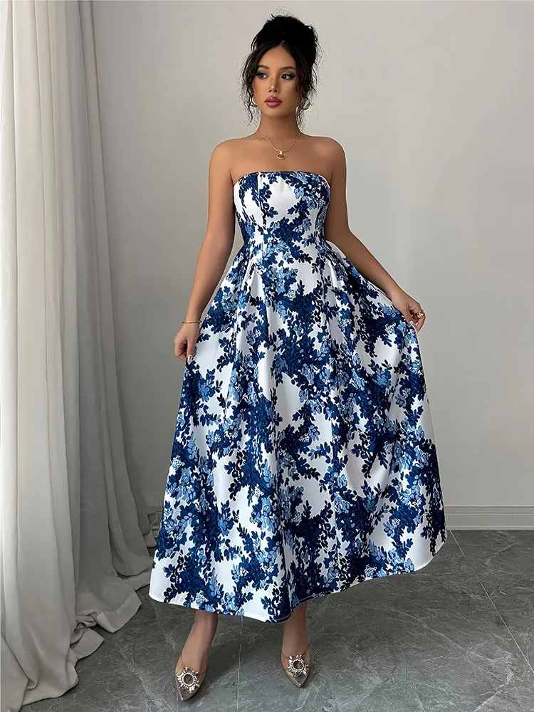 Abiti lunghi floreali Boho da donna nuovi senza spalline smocked flowy vacanza al mare lungo prendisole eleganti abiti da festa abiti femminili