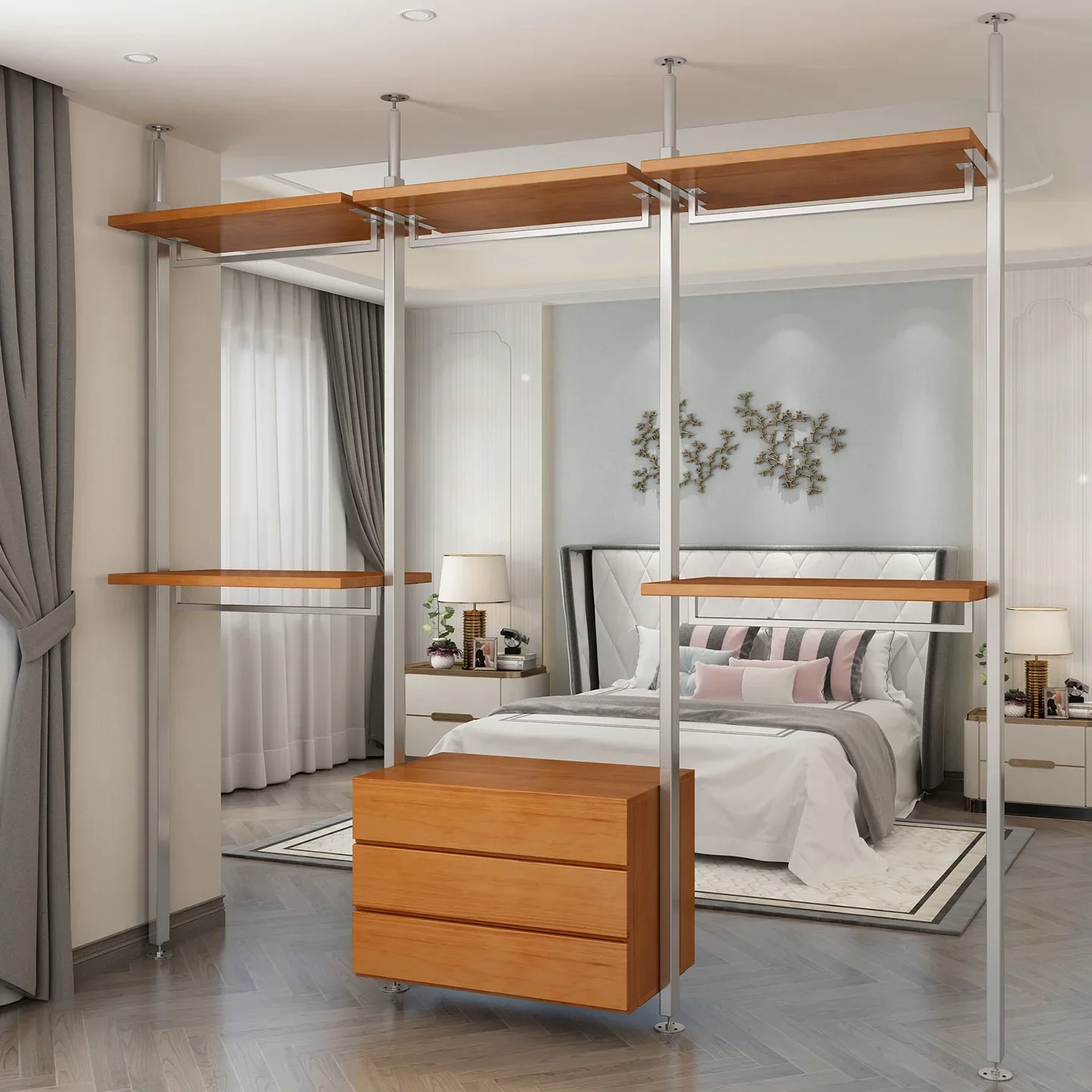 Metal wardrobe household solid wood steel frame cloakroom open bedroom indomitable hanger