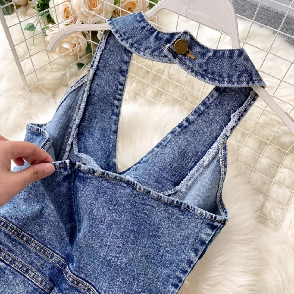 Neploe 2024 New Moda Slim Fit Bodysuit Europe Halter Sleeveless Backless High Waist Jumpsuit Wid Leg Pants Denim Elegant Romper