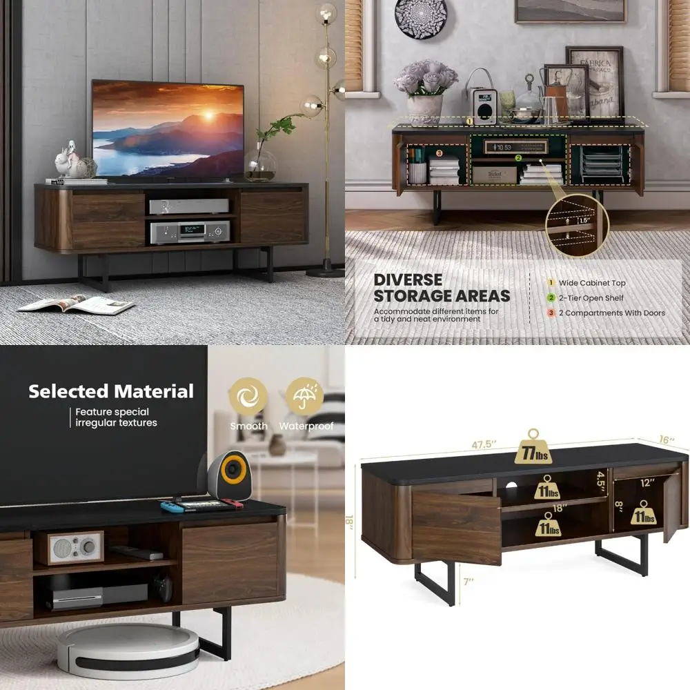 طاولة كونسول خشبية بحامل تلفزيون مقاس 55 بوصة مع قاعدة معدنية، وخزائن تخزين ببابين، ورف قابل للتعديل، وإدارة الكابلات