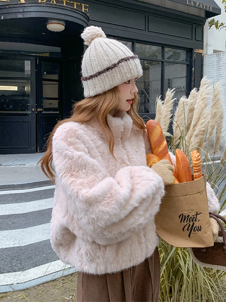 Pink Fluffy Eco-Friendly Fur Jaet Women's ort Winter 2025 New Super Beautiful Thi Warm Lamb Velvet College Sle Straig...