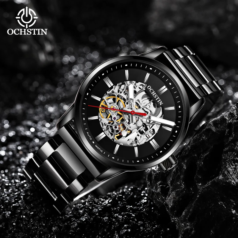 

OCHSTIN Round Skeleton Mechanical Watches Luxury Movement Retro Automatic Watch for Men Steel Strap Luminous Hands Male Clock