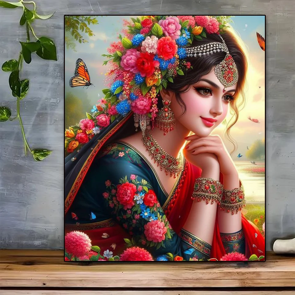 5D Diamond Painting India Woman Flowers Cross Stitch Diamond Embroidery Portrait Mosaic Picture of Rhinestones Home Decoration