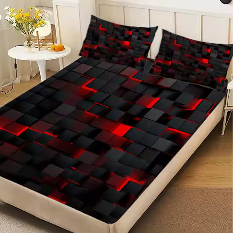 1 Piece 3D Red Black Pixel Grid Fitted Sheet Modern Tech Inspired Bedding Soft Breathable Microfiber Mattress Cover For Bedroom