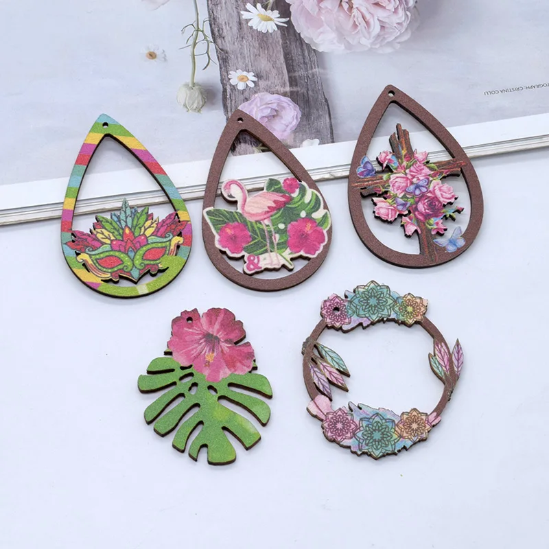 10pcs Vintage Hollow Drop Flamingo Leaf Wood Charms Bohemia Cross Flower Earring Keychain Pendant DIY Jewelry Make AE295