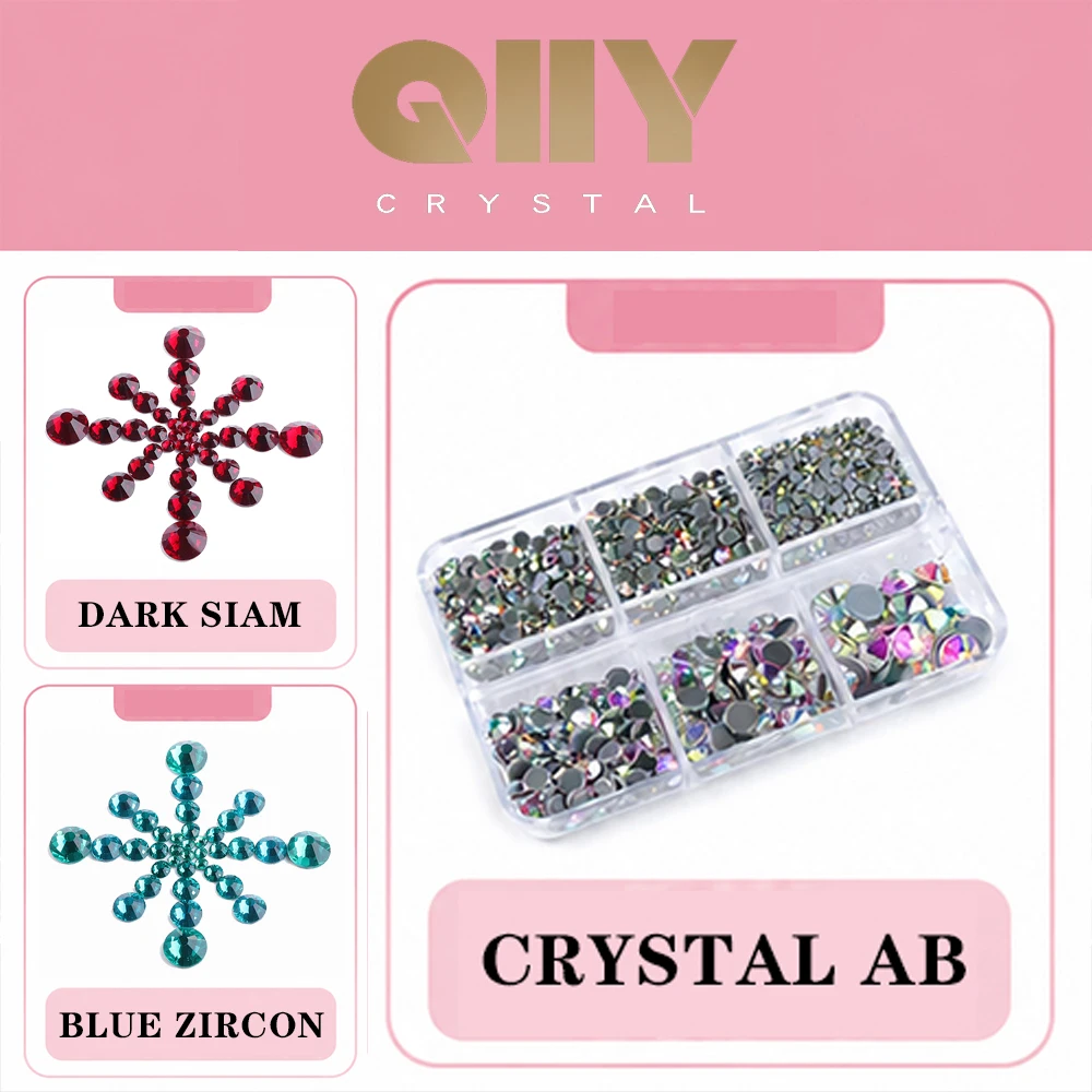 QIIY Mix Size 6 Grids Boxed SS6-SS30 Flatback Hotfix Glass Rhinestones Various Color Crystal For Nail Art Clothes Decoration