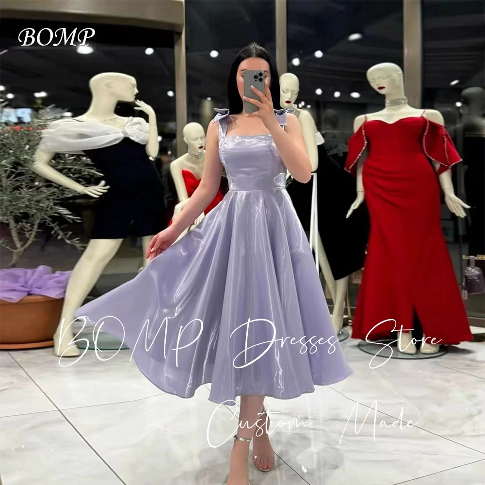 

BOMP Sweet Shiny Purple Wedding Party Dress Bow Spaghetti Strap Cut Out Back A-Line Ankle Length Evening Gown Customized Arabic