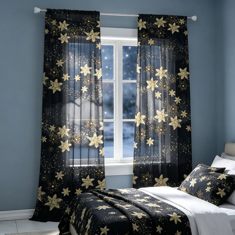 Curtain Rods - 2PCS Sheer Curtains, Dark Blue Gold
