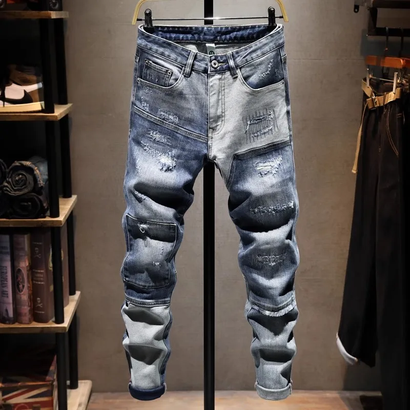 

Street Designer Fashion Men Jeans Retro Blue Stretch Slim Fit Ripped Jeans Men Patched Hip Hop Vintage Y2K Denim Pants Hombre