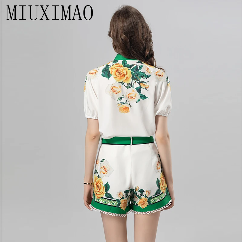 MIUXIMAO 2024 High Quality Spring&Summer Elegant Set Half SleeveFlower Print Shirt+Short Fashion Two-piece Set Women Vestides