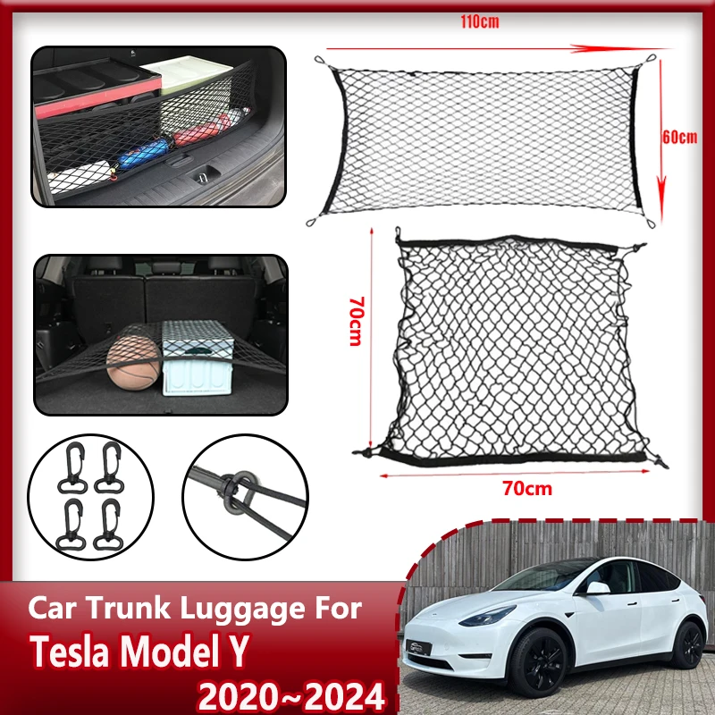 Car Trunk Mesh for Tesla Model Y 2020 2021 2022~2024 Storage Organizer Rear Net Cargo Elastic Pocket Hook Interior Accessorie