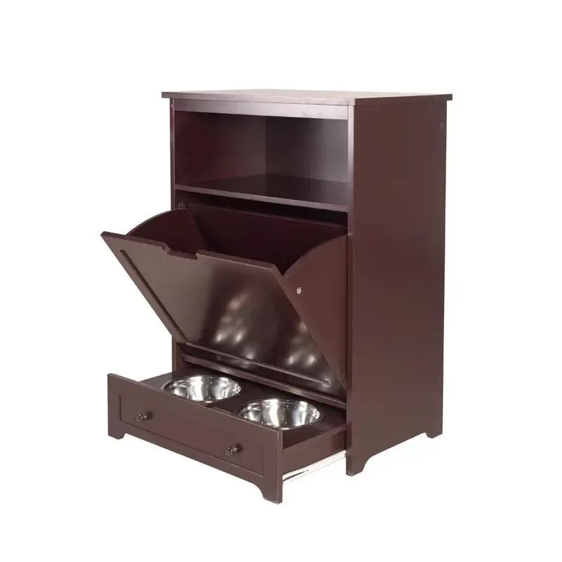 Wooden Cabinet with Pet Feeder and Food Storage