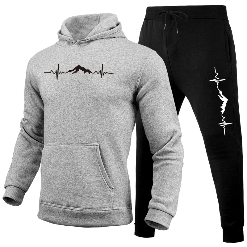 

Solid Color Sportswear 2pcs Set Hoodies Black Sweatpants Mountain Print Tracksuit Men's Daily Casual Sports Hooded Jogging Suits