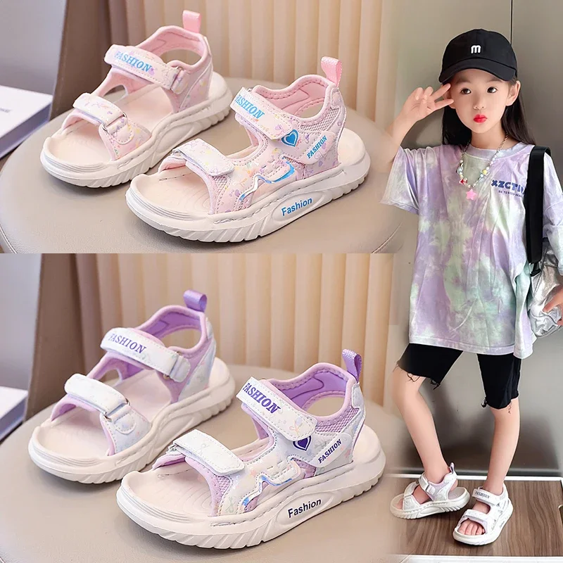

Детские сандалии, новинка лета 2024, пляжная обувь принцессы для девочек, легкие повседневные спортивные сандалии на мягкой подошве для больших детей