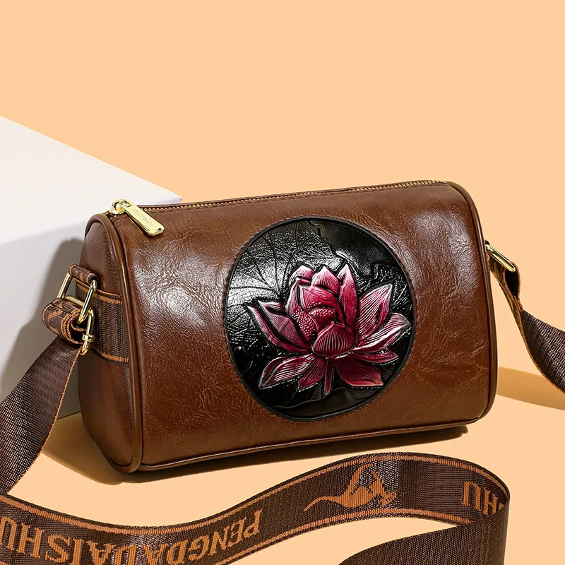 

2025 New! Brand Soft Leather Retro Chinese Style Boston Shoulder Messenger Bag for Women - Large Capacity Pillow Bag