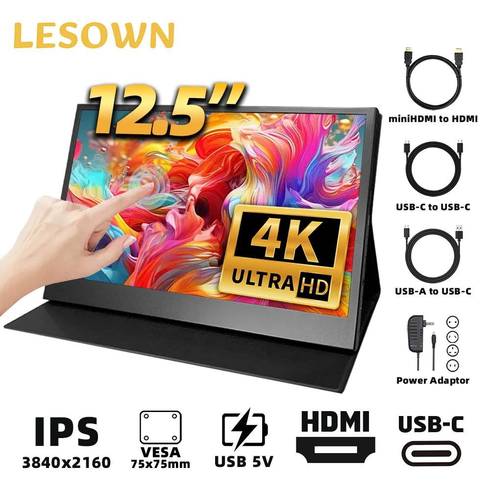 LESOWN 12.5 inch Small USB C HDMI Touchscreen Monitor FHD 1080P IPS Wide External Display with Speakers for Laptop PC Phone