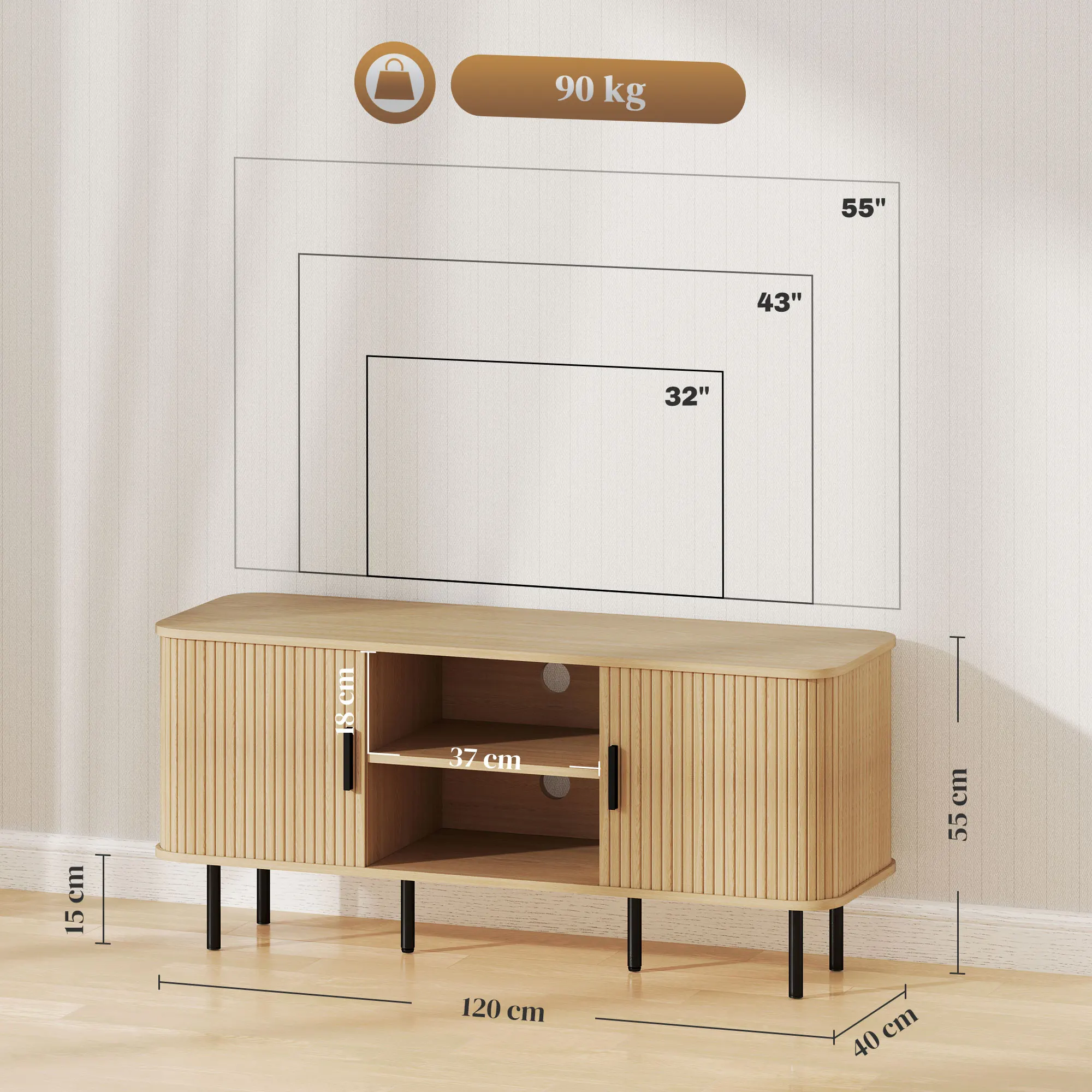 Mueble de TV de diseño escandinavo con 2 puertas de listones para televisores de hasta 55 pulgadas cm en tono roble