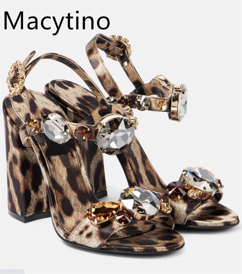 

2025 Luxury Diamond Crystal Decor Modern Sandals Women Leopard PrintAnkle Strap Summer Shoes For Girls