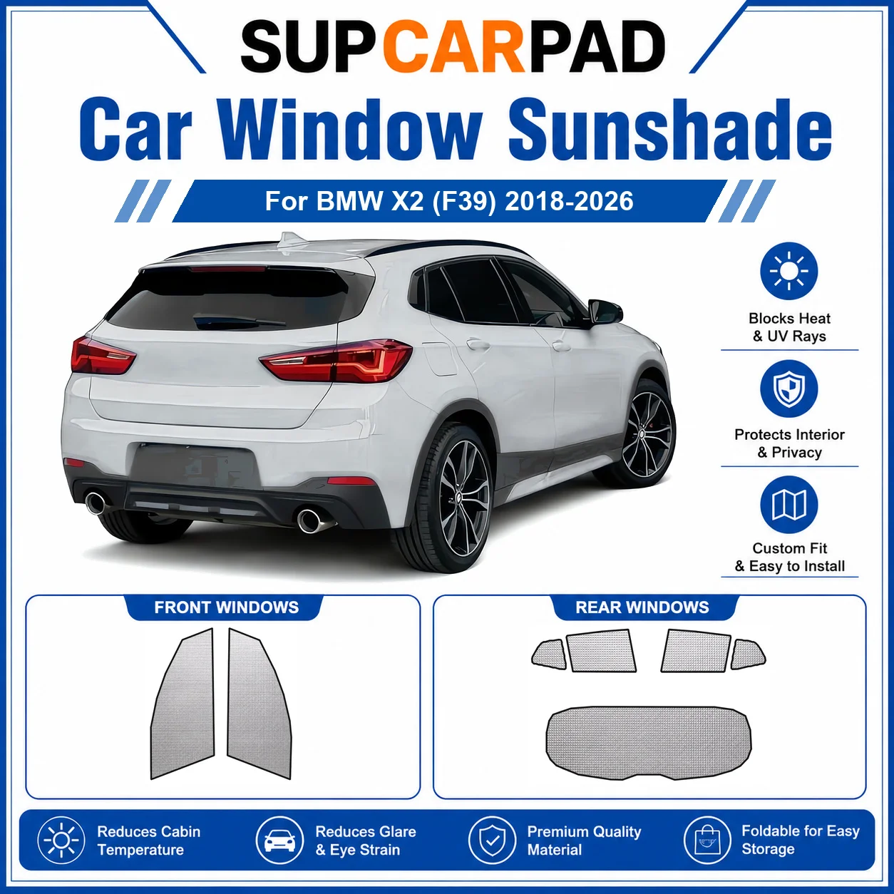 Для BMW - BMW X2 (F39) 2018-2026: Полный комплект солнцезащитных шторок для окон автомобиля, блокирующих УФ-излучение, обеспечивающих конфиденциальность, теплоизоляцию, складные автомобильные шторки