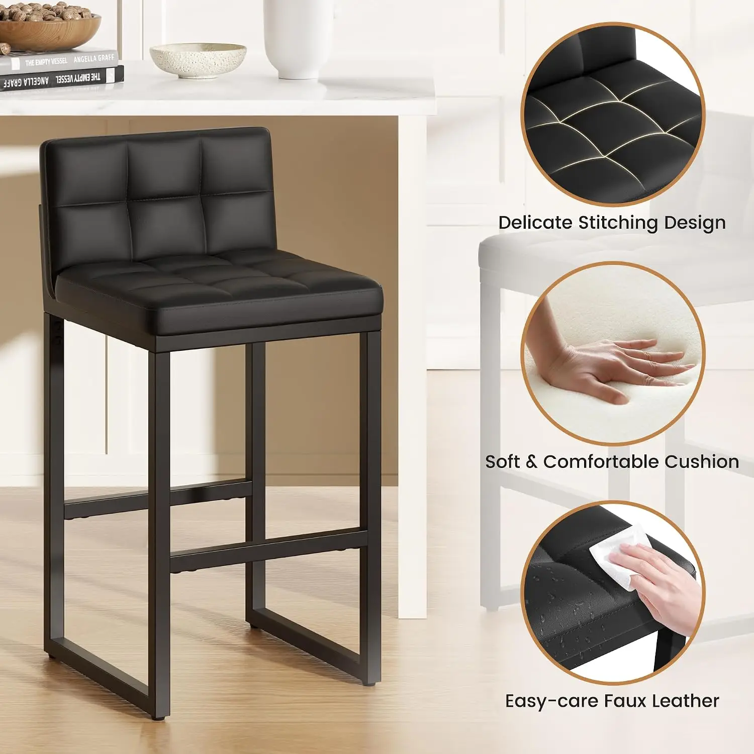 Bar Stools Set of 2, Modern Counter Height Bar Stools, Black | 24" Faux Leather Bar Chairs with Back, Footrest, Sturdy Thickened view 5