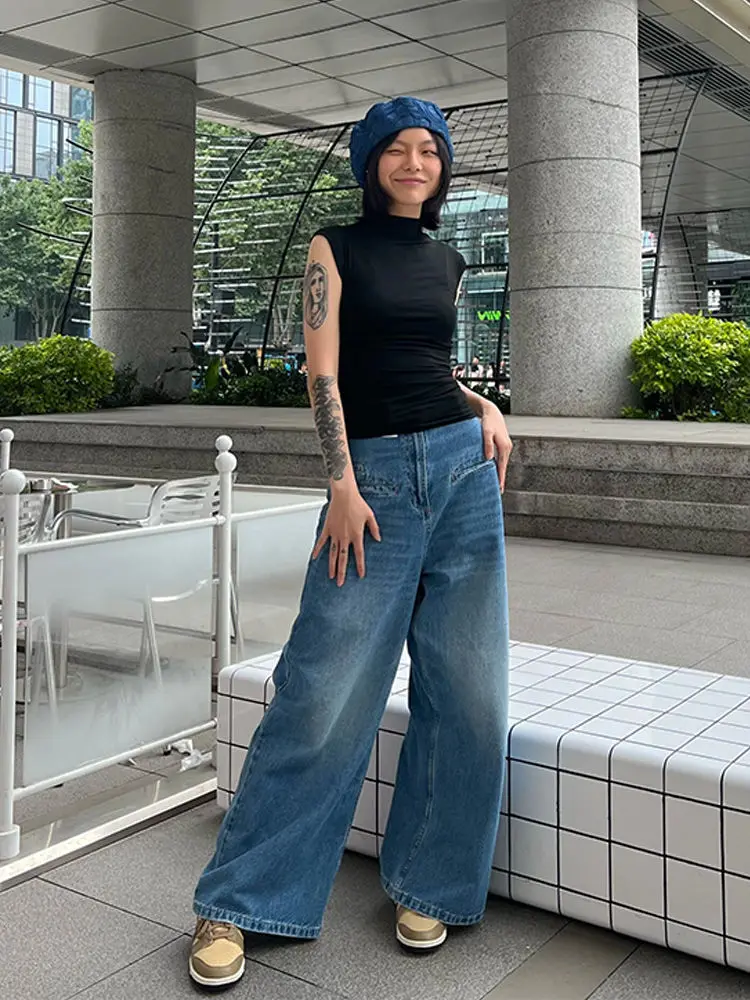 Womens Jeans High Waisted Boyfriend Baggy Loose Wide Straight Leg Casual Blue Denim Pant @ harajuku streetwear y2k korean cloth