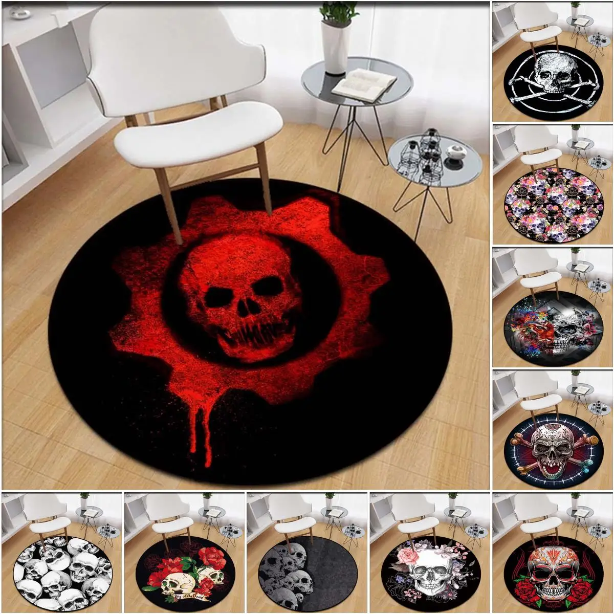 Psychedelic Skull Print Round Carpet Taro Mandala Witchcraft Anti-slip  Living Room Coffee Table Door Mat tapete redondo