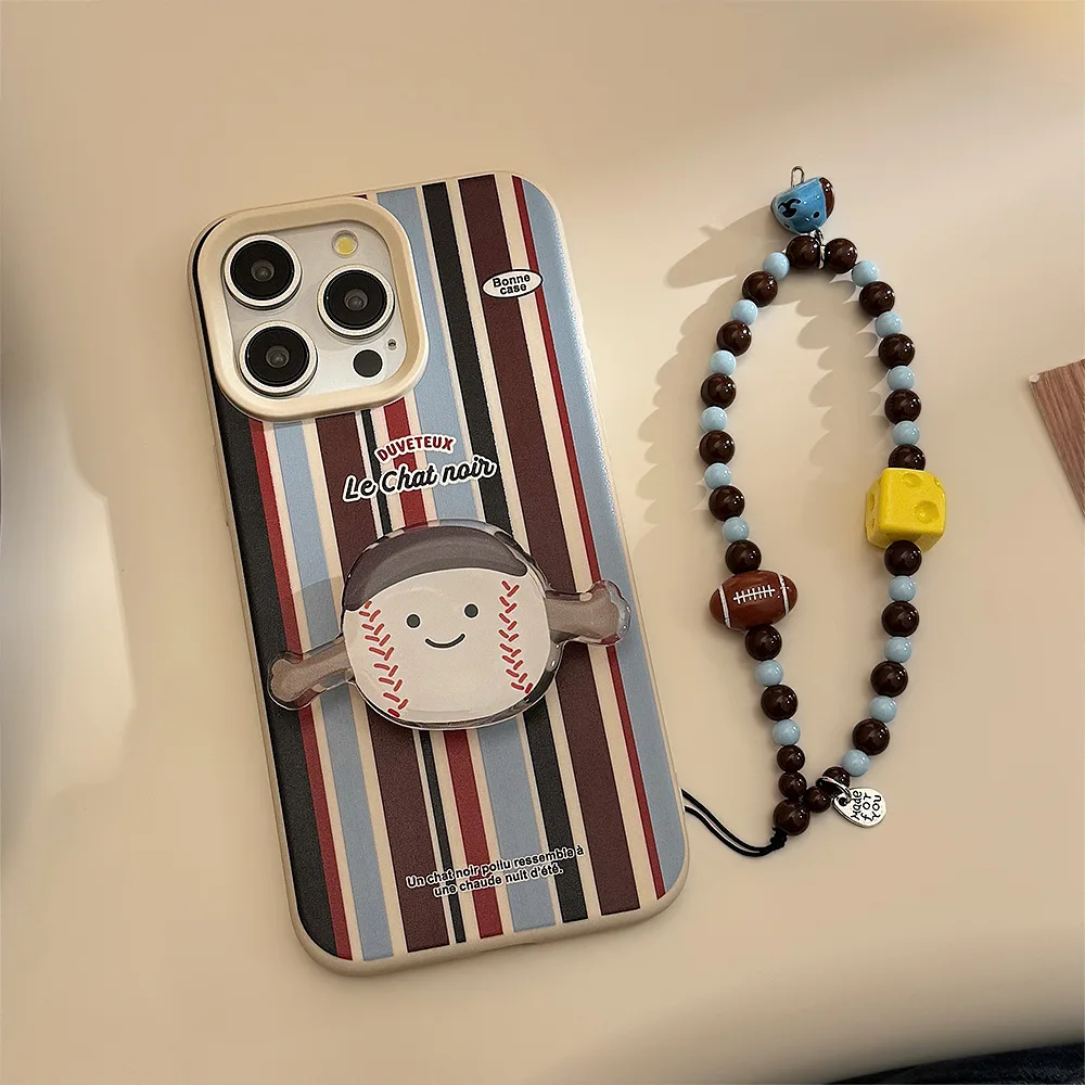 Koreanische gestreifte niedliche Cartoon-Baseball-Halterung mit Kette, Handyhülle für iPhone 16, 15, 14, 13, 12, Pro Max, stoßfeste Schutzhülle