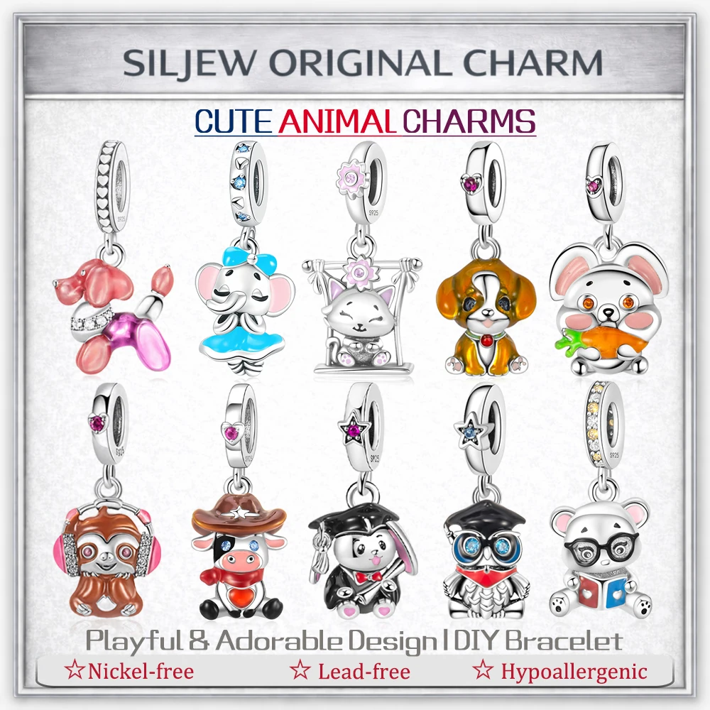 

SilJew Balloon Dog Charm 925 Silver Enamel Cute Puppy Pendant Fit Bracelet Necklace DIY Colorful Jewelry Gift for Women Girl