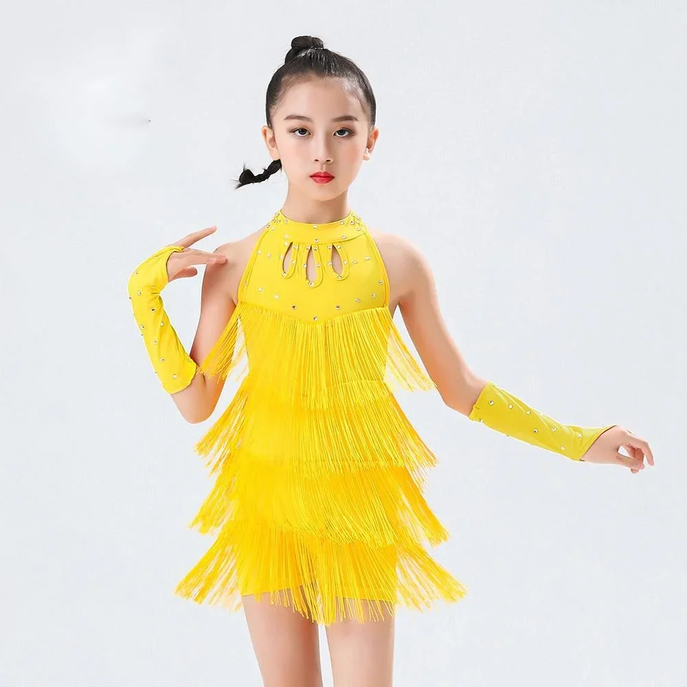 Traje de baile latino profesional de competición para niñas, vestido de baile latino con flecos de lentejuelas, vestido de salón Bachata, Tango y Salsa para niños