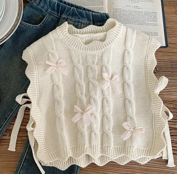 Childrens Clothing 2024 Autumn and Winter New Item Korean Childrens Knitted Vest Butterfly Knot Knitted Vest Jacket