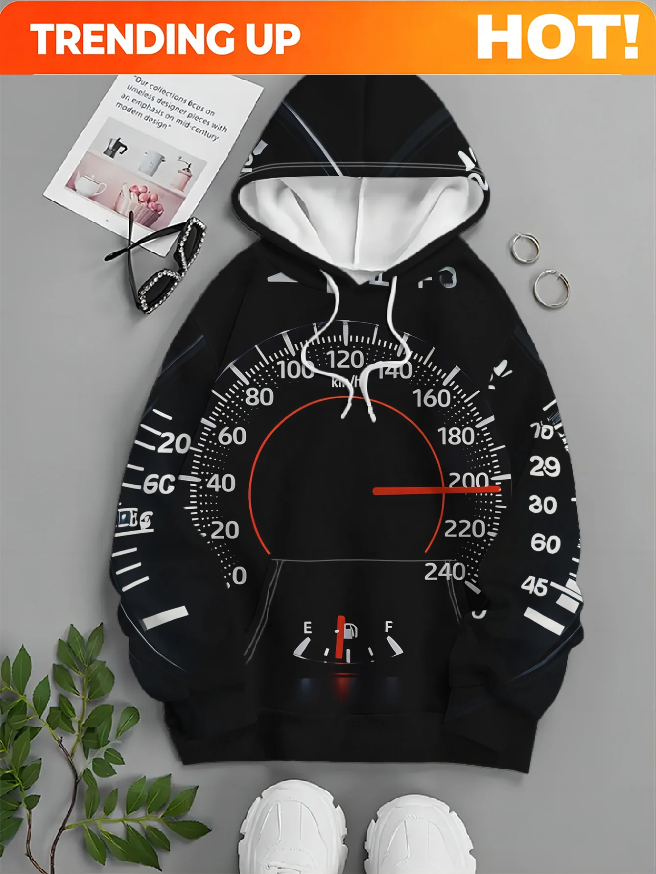Customization Men's Fashion Street Style Hooded Sweatshirt With Car Dashboard Displaying 200km/h Speed And Low Oil Level - Featu