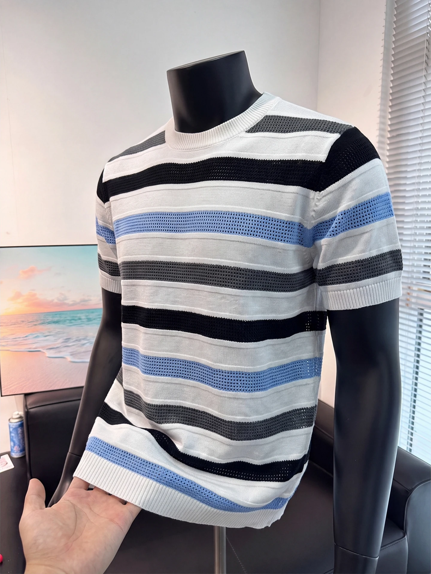 Cleanfit Stripe Color Block Knitted Short Sleeve Men's Summer Thin Breathable T-Shirt Shoulder Appropriate Half Sleeve