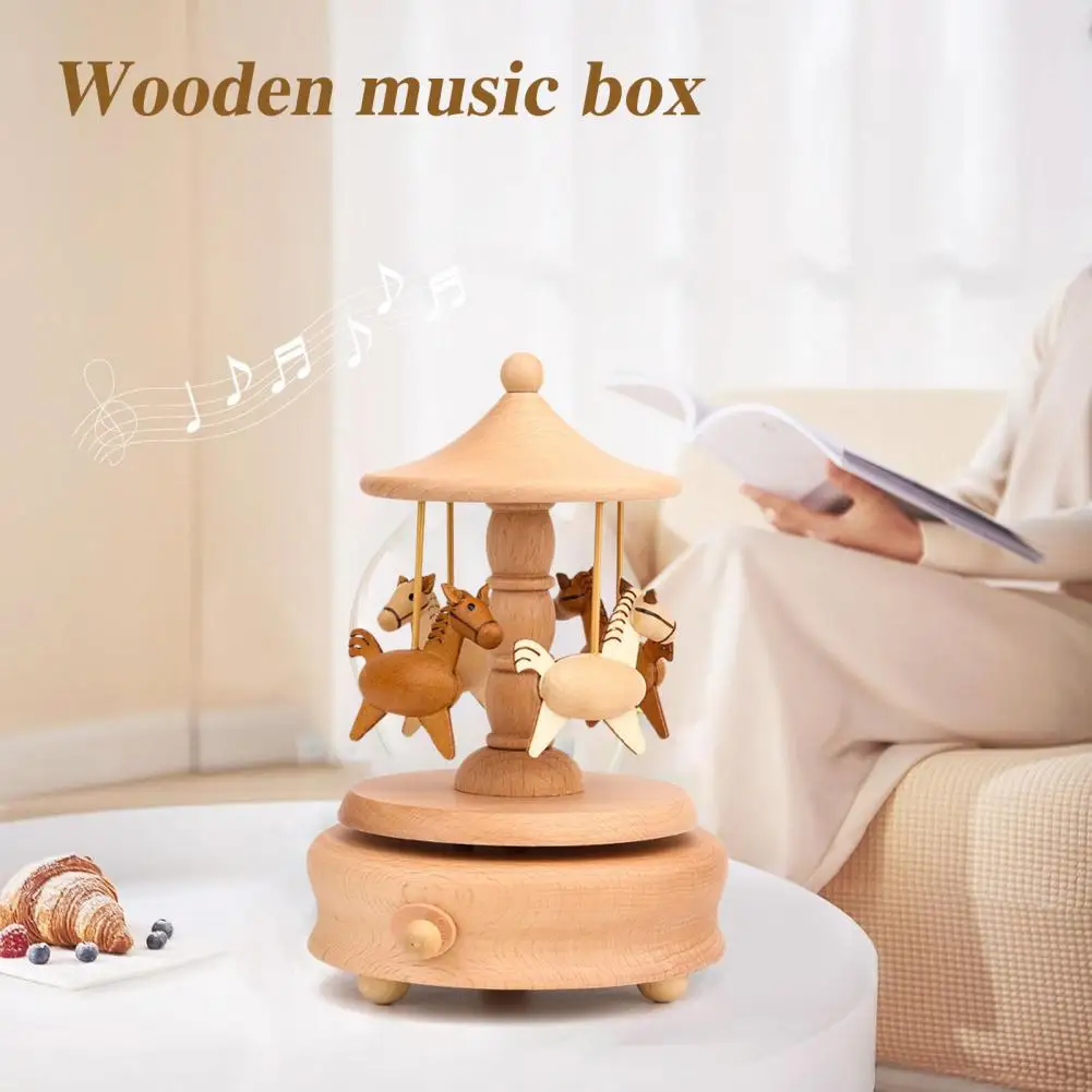 Wooden Carousel Music Box Handmade Rotating Horse Educational Musical Toy Home Office Desktop Decoration Ornament Kids Adults Bi