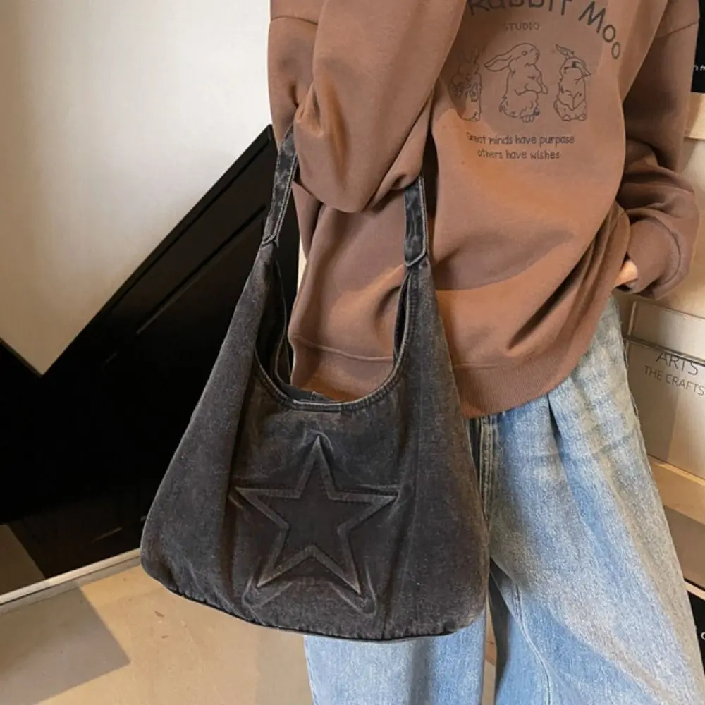 

Fashion Leisure Denim Tote Bag Large Capacity Harajuku Canvas Shoulder Bag Star Pattern Hobo Bag Women Handbag Commuting