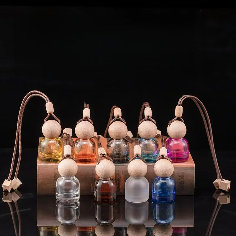 3/6 Pcs Colorful Hanging Car Perfume Bottle Empty Glass Aromatherapy Diffuser Wooden Cap Auto Air Freshener Ornament Pendant
