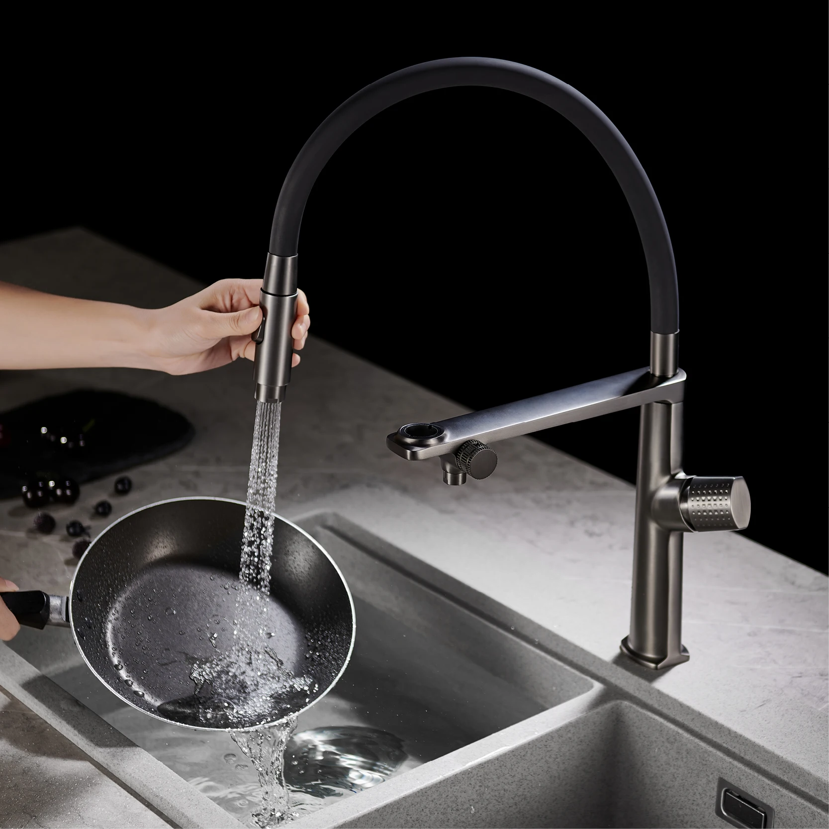 Luxury gun gray brass kitchen faucet 1 hole Double handle Cold and hot dual control, with filtered water Two function sink Tap