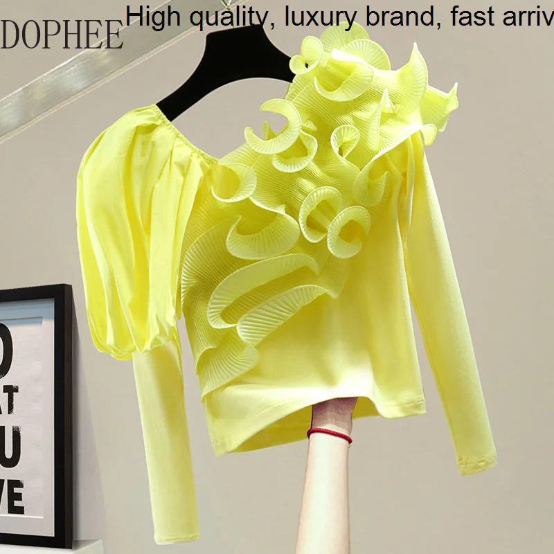 Color Irregular Solid Ruffle Stitching Bottoming Shirt Out Wearing Autumn Women Stretch Long Sleeve T-shirt Yellow Knit Top