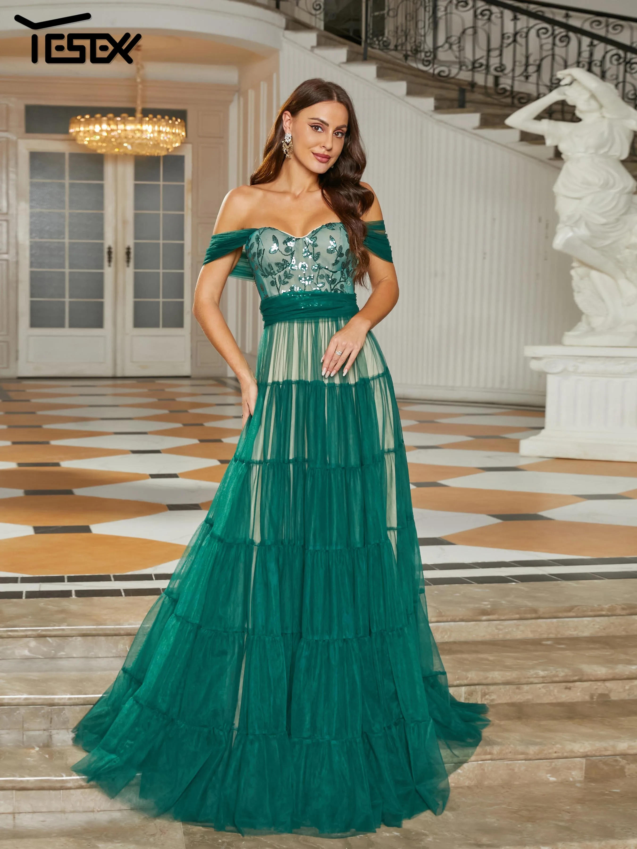 

Yesexy New Green Ruched Elegant Evening Party Off Shoulder A Line Prom Dress