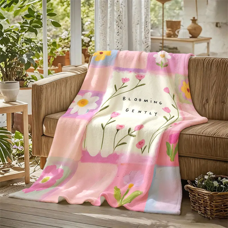 Blooming Gently Pink Check Flannel Blanket Perfect for Sofa Office Bed Travel Sleep Read Relax Camping Four Season Use